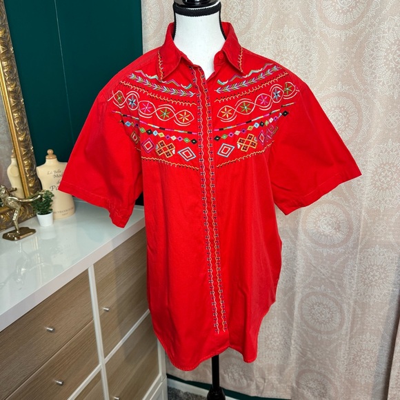 Westbound Tops - Westbound Vintage 90s Casual Vibrant Red Western Embroidered Cotton Shirt Size M
